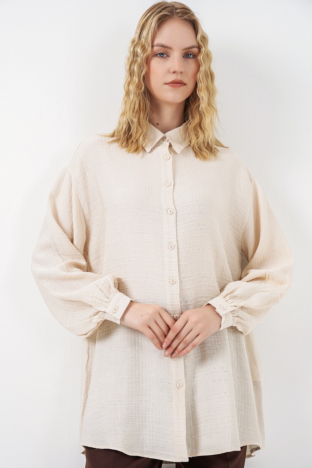Bigdart Kadın Dokulu Oversize Tunik 5989 - Krem