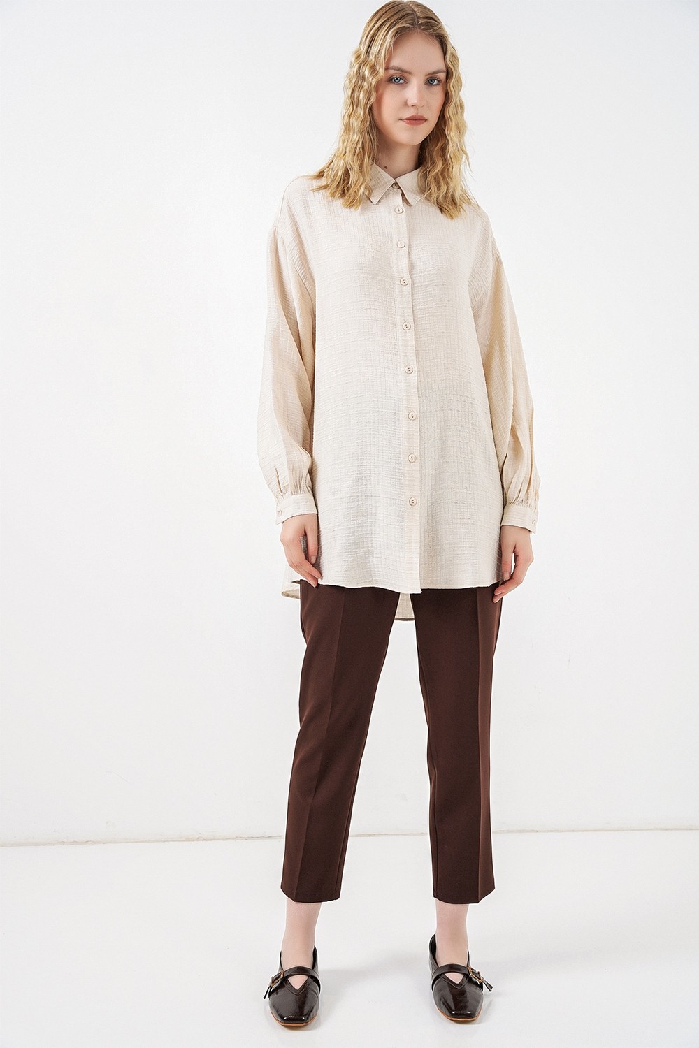 Bigdart Kadın Dokulu Oversize Tunik 5989 - Krem görsel 2