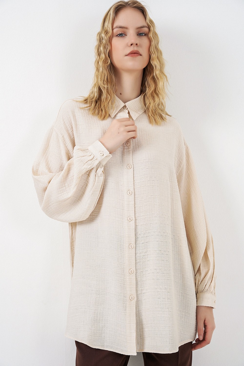 Bigdart Kadın Dokulu Oversize Tunik 5989 - Krem görsel 3