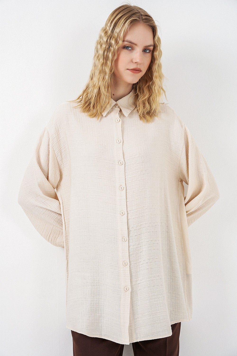 Bigdart Kadın Dokulu Oversize Tunik 5989 - Krem görsel 4