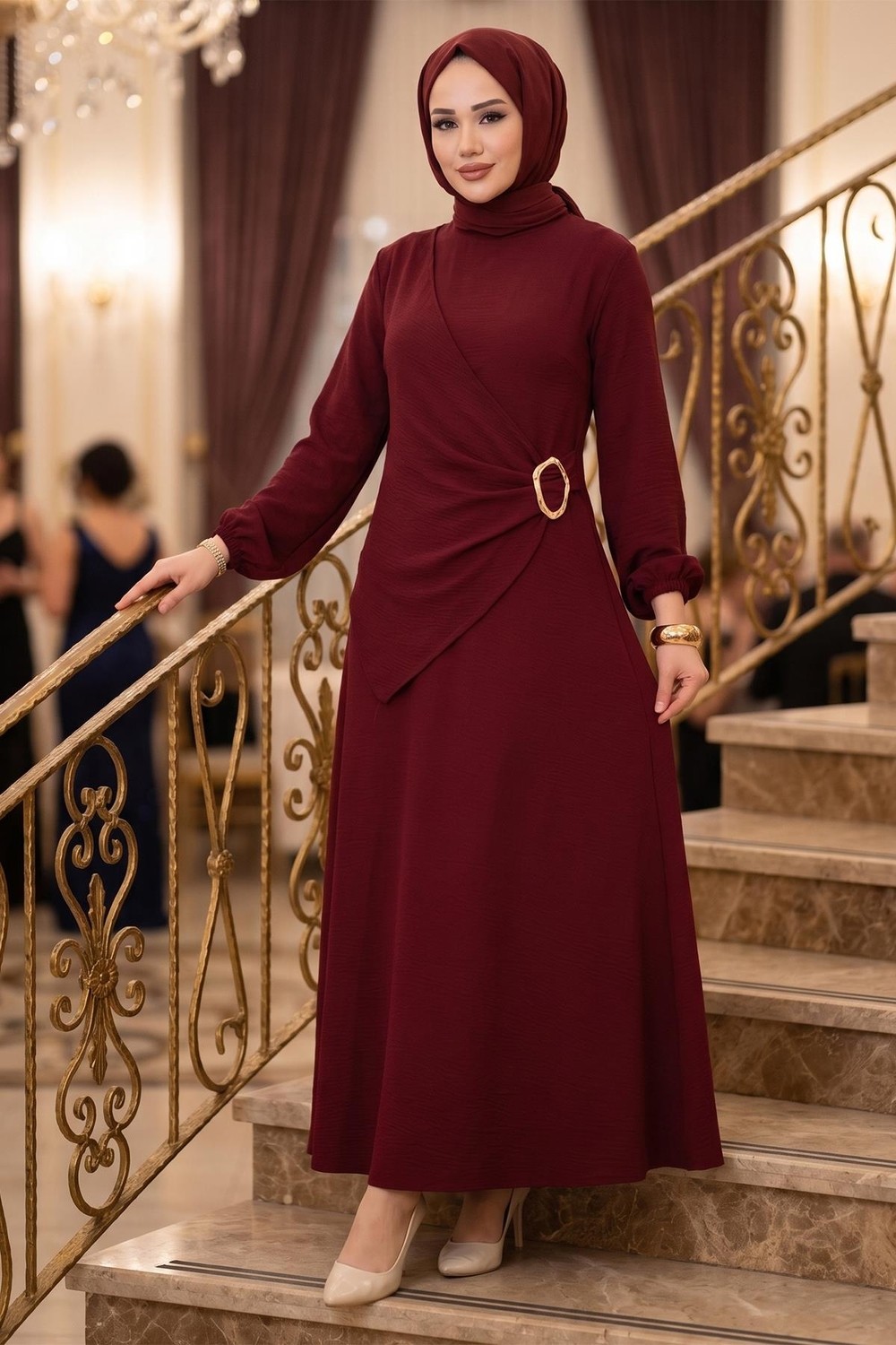 Hafsa Mina Yandan Tokalı Ayrobin Elbise Kahverengi HM2914