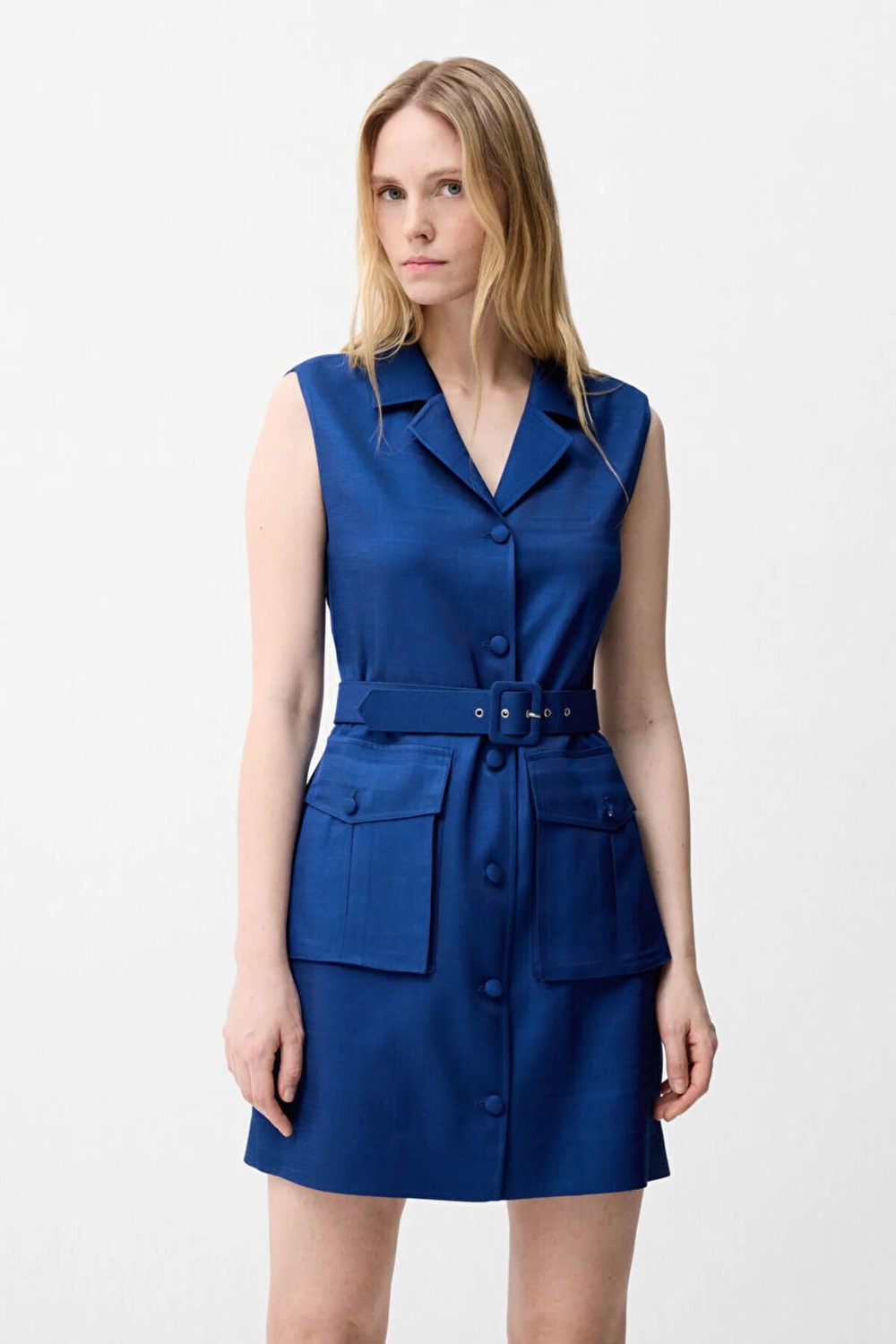 adL Kemerli Cep Detaylı Rayon Elbise Lacivert 12443373003