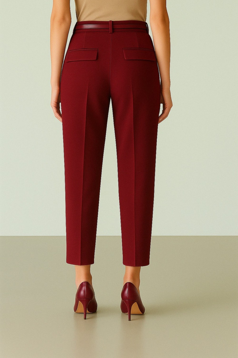 Moda Morfo Beli Kemerli Çift Cepli Pantolon -Bordo görsel 4