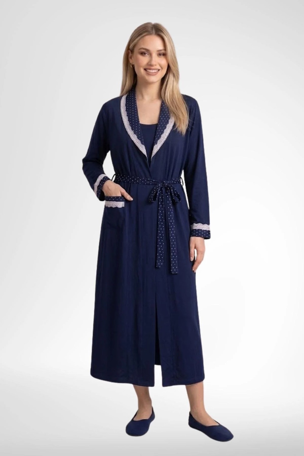 Mecit Pijama Mecit 6390 Lacivert Kadın %100 Pamuk Büyük Beden Uzun Sabahlık