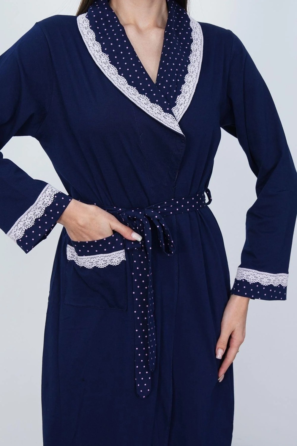 Mecit Pijama Mecit 6390 Lacivert Kadın %100 Pamuk Büyük Beden Uzun Sabahlık görsel 3