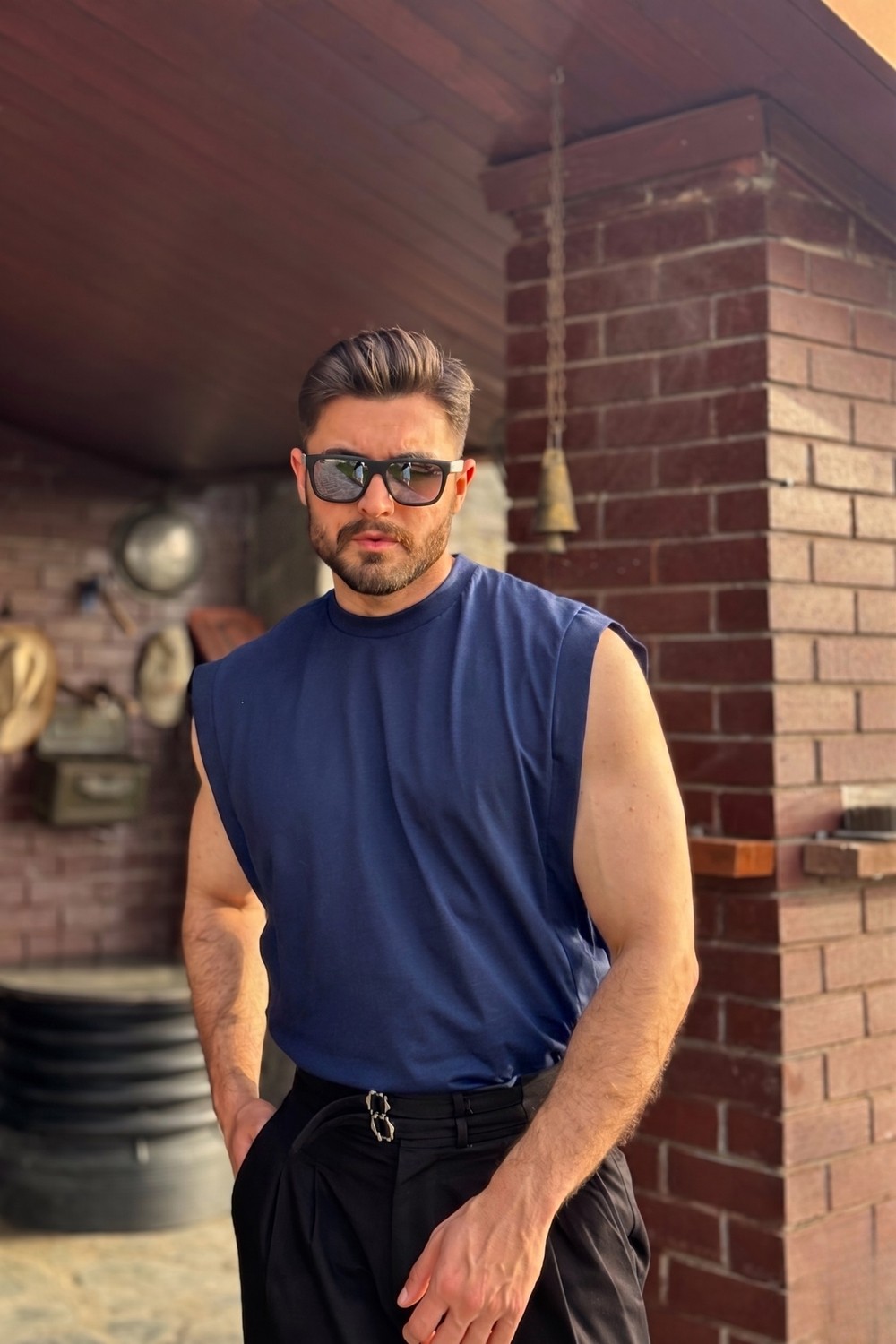 Guaraz Erkek Siyah Basketci Sıfır Kol Bisiklet Yaka Oversıze Kolsuz Kejıl T-Shirt