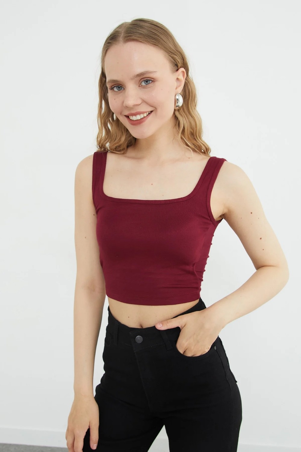 FullaModa Basic Kare Yaka Kaplı Crop Body görsel 2