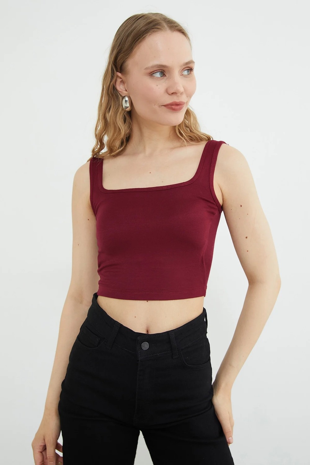 FullaModa Basic Kare Yaka Kaplı Crop Body görsel 3
