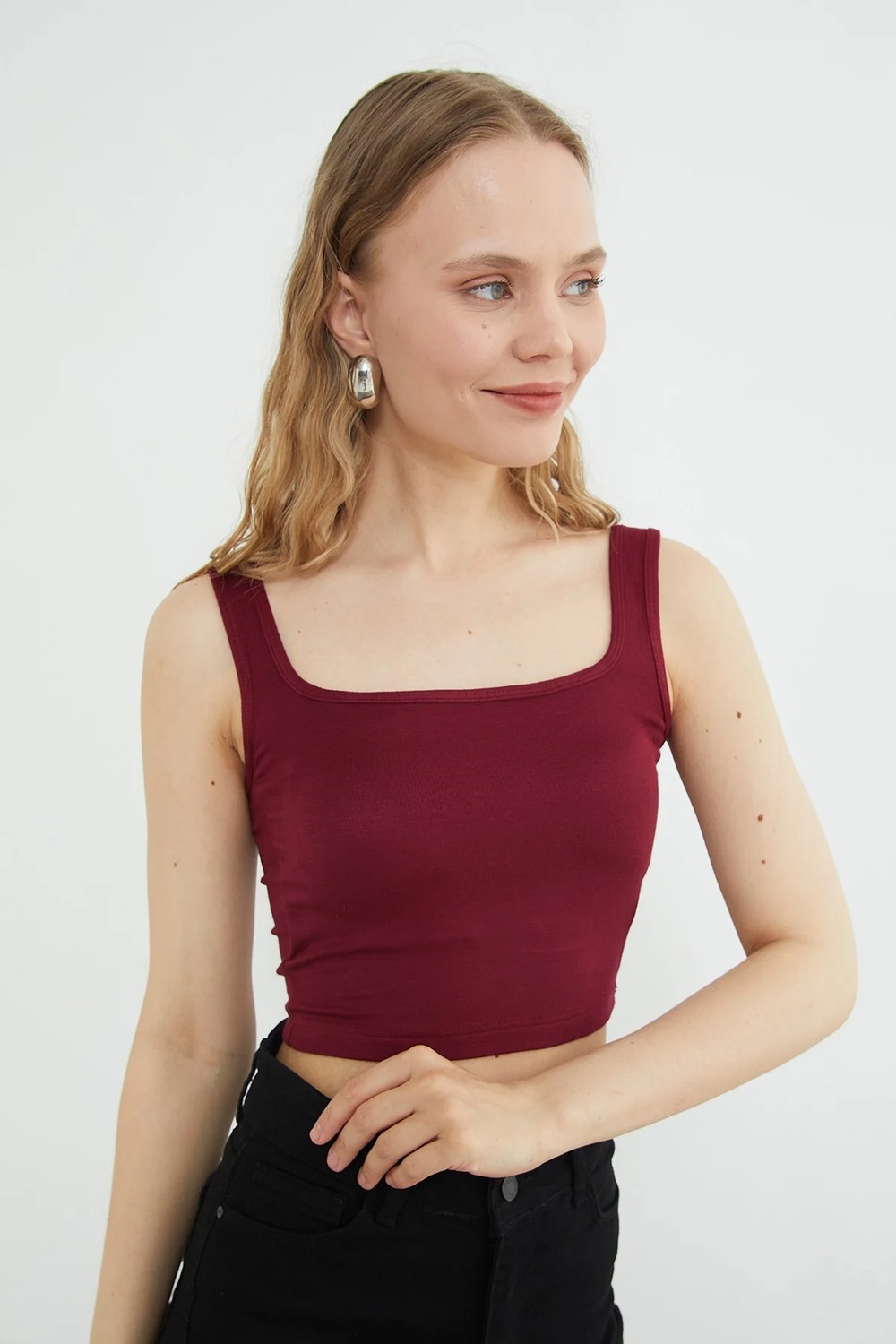 FullaModa Basic Kare Yaka Kaplı Crop Body görsel 5