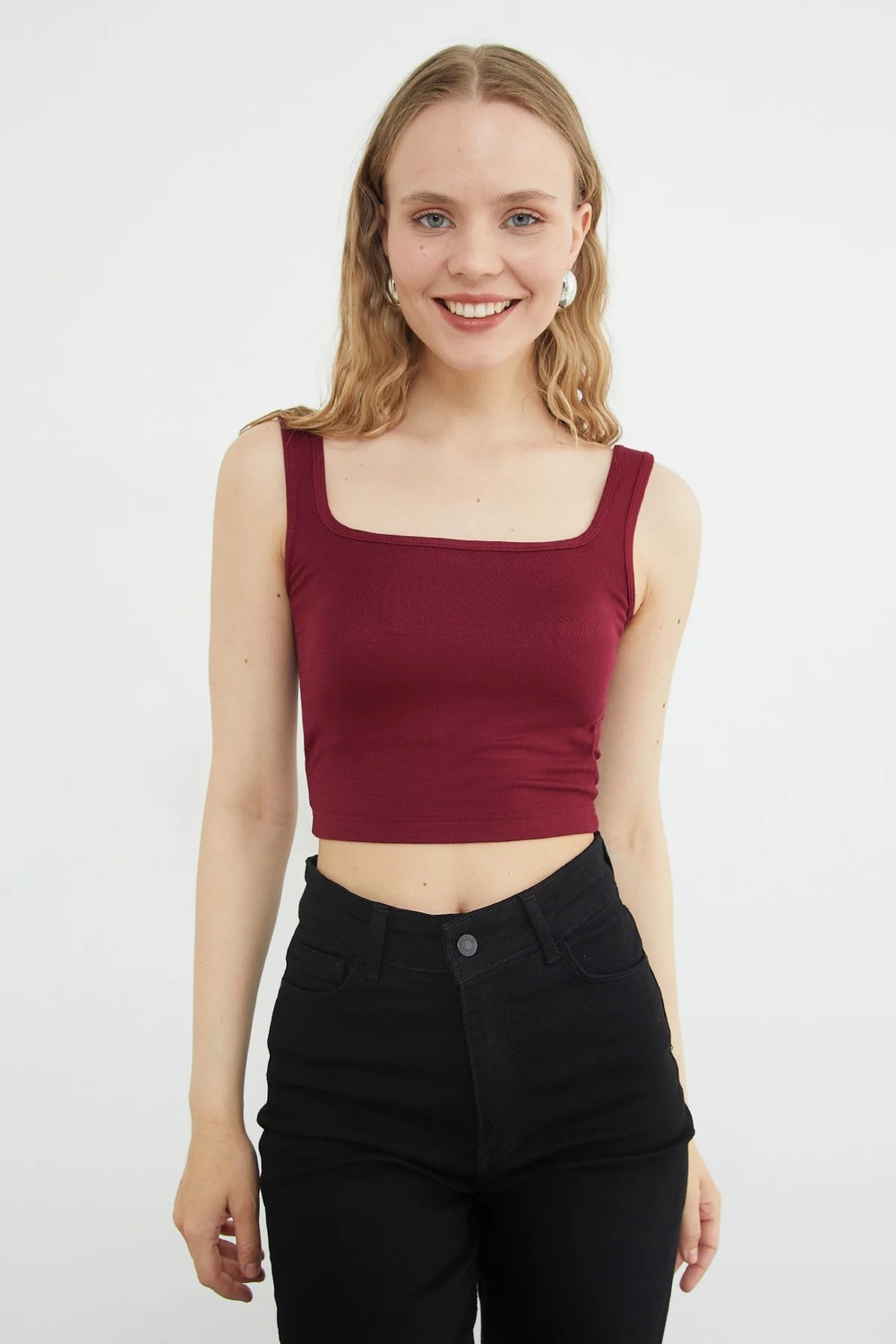 FullaModa Basic Kare Yaka Kaplı Crop Body görsel 6