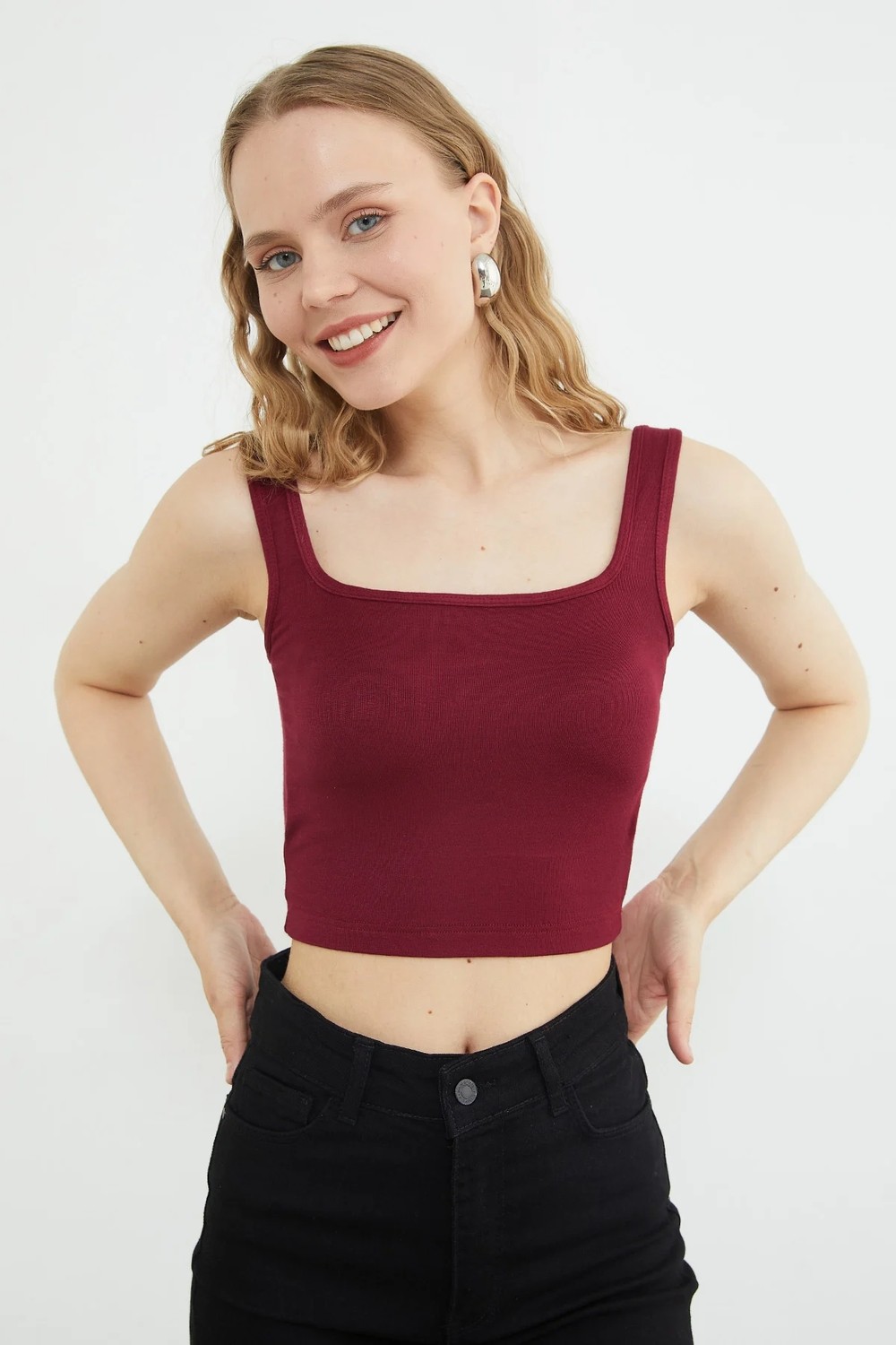 FullaModa Basic Kare Yaka Kaplı Crop Body görsel 7