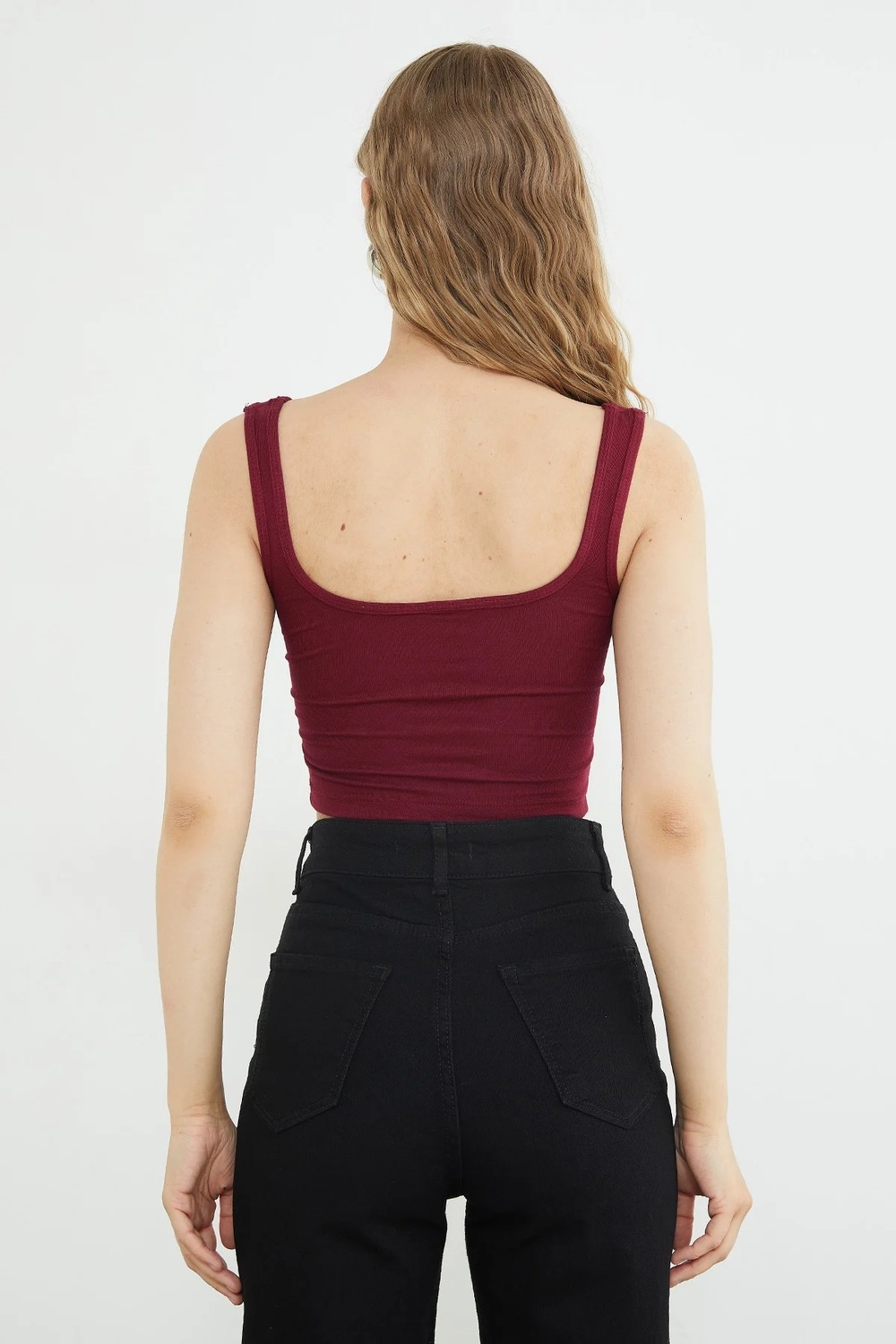 FullaModa Basic Kare Yaka Kaplı Crop Body görsel 8