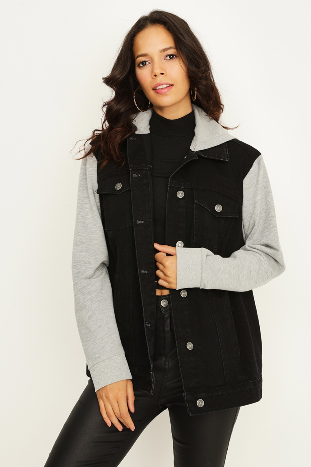Select Moda Kadın Oversize Denim Ceket Mavi Kapüşonlu Penye Kolları ile Şık ve Rahat görsel 2
