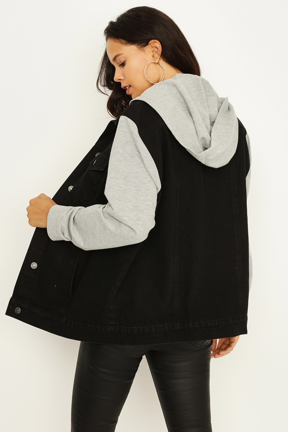 Select Moda Kadın Oversize Denim Ceket Mavi Kapüşonlu Penye Kolları ile Şık ve Rahat görsel 3