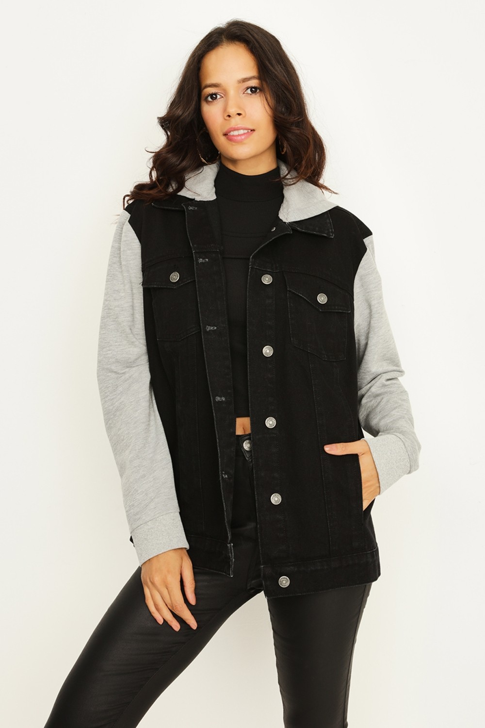 Select Moda Kadın Oversize Denim Ceket Mavi Kapüşonlu Penye Kolları ile Şık ve Rahat görsel 5