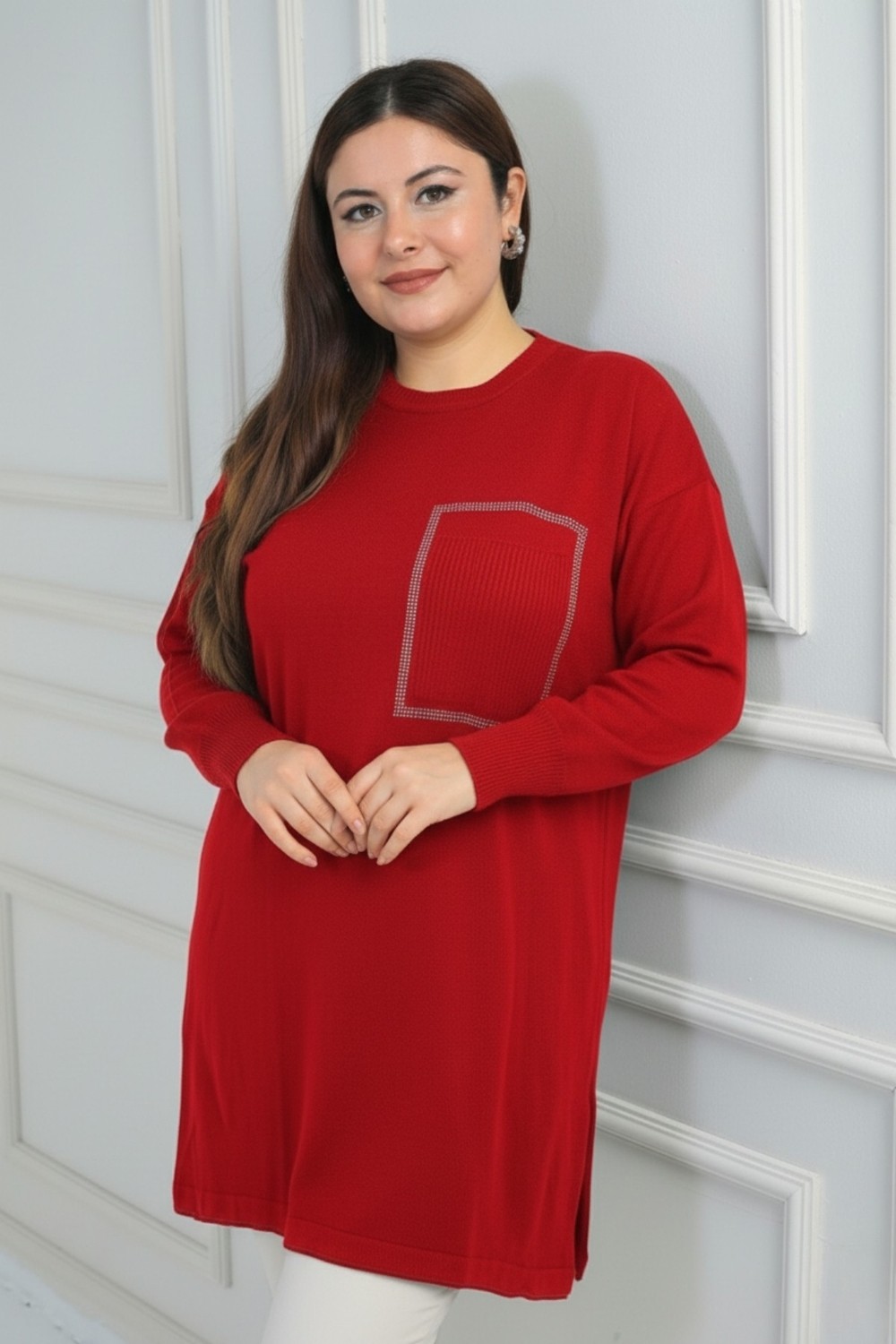 By Saygı Kadın Önü Tek Cepli Taş Baskı Detaylı Büyük Beden Trikotunik Bluz