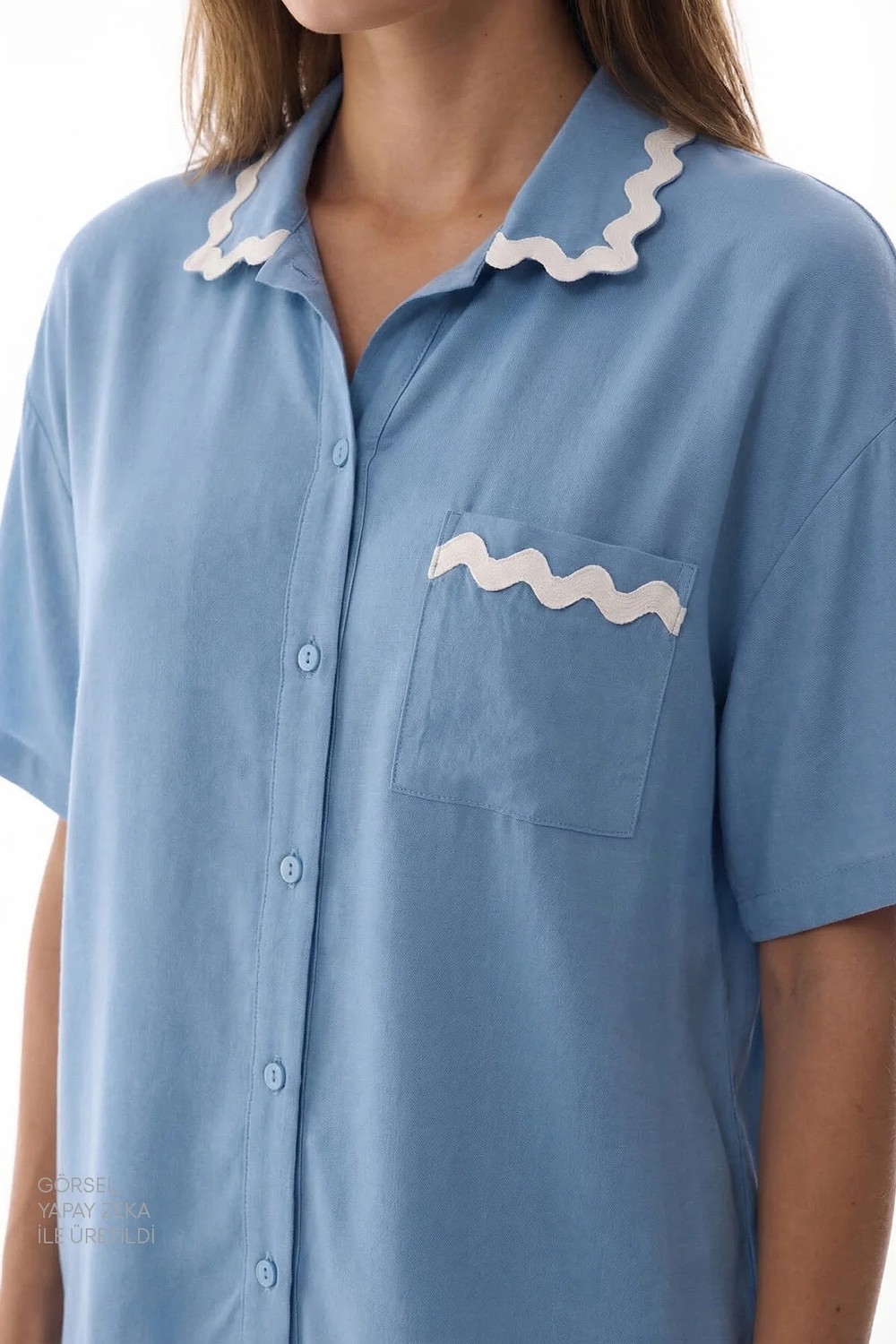 Penti Mavi Serenity Kısa Kollu Gömlek Şort Pijama Takımı görsel 3