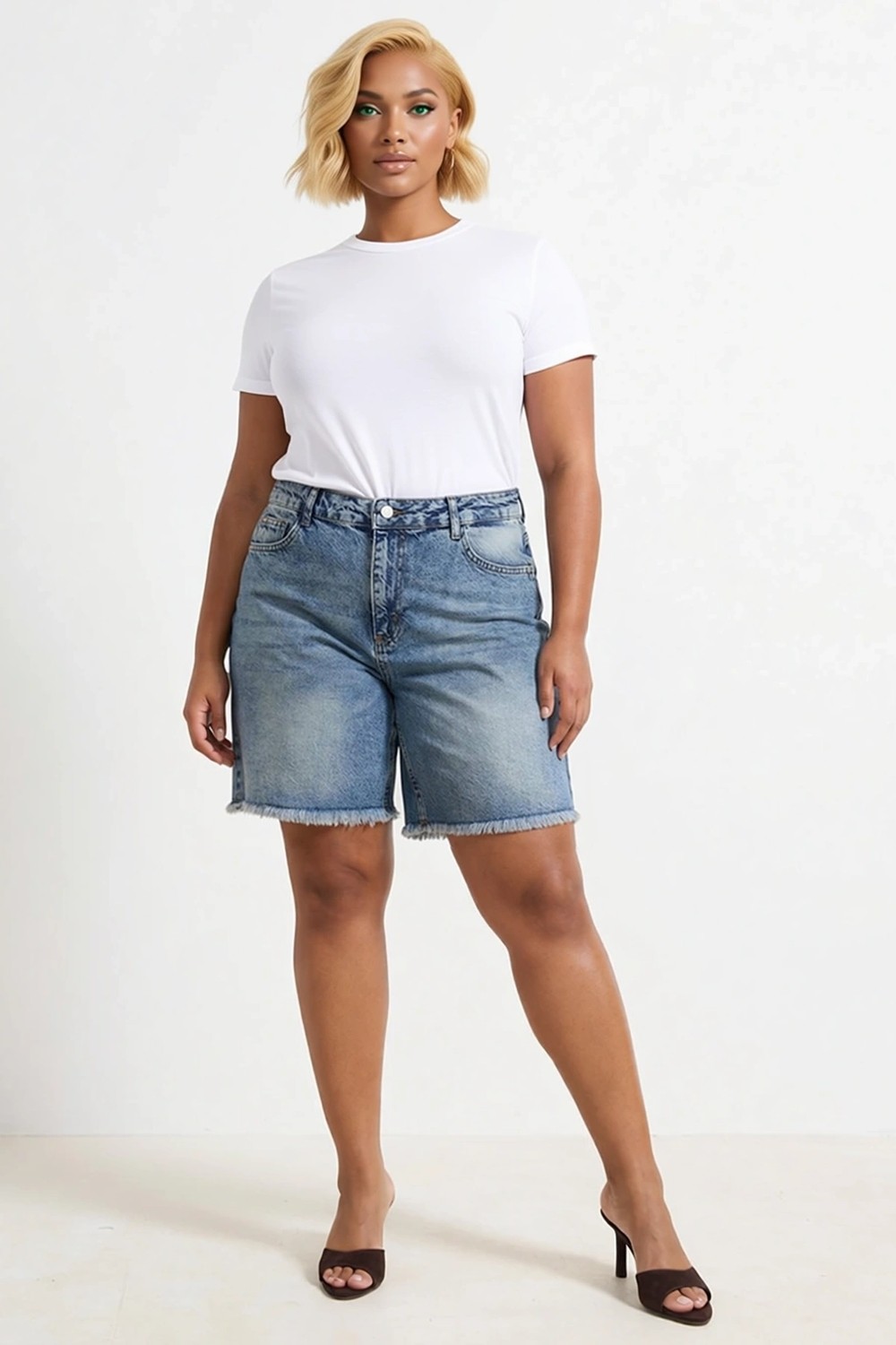 Benerly Kadın Büyük Beden Şort Denim Bermuda Yüksek Bel Destroylu Geniş Paça Düz Desen Non Stretch görsel 4