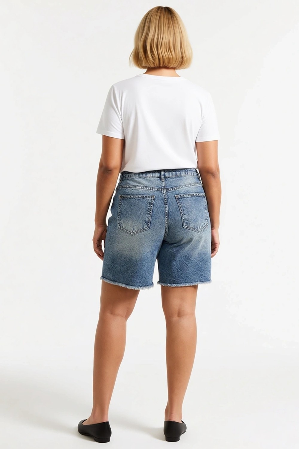 Benerly Kadın Büyük Beden Şort Denim Bermuda Yüksek Bel Destroylu Geniş Paça Düz Desen Non Stretch görsel 5