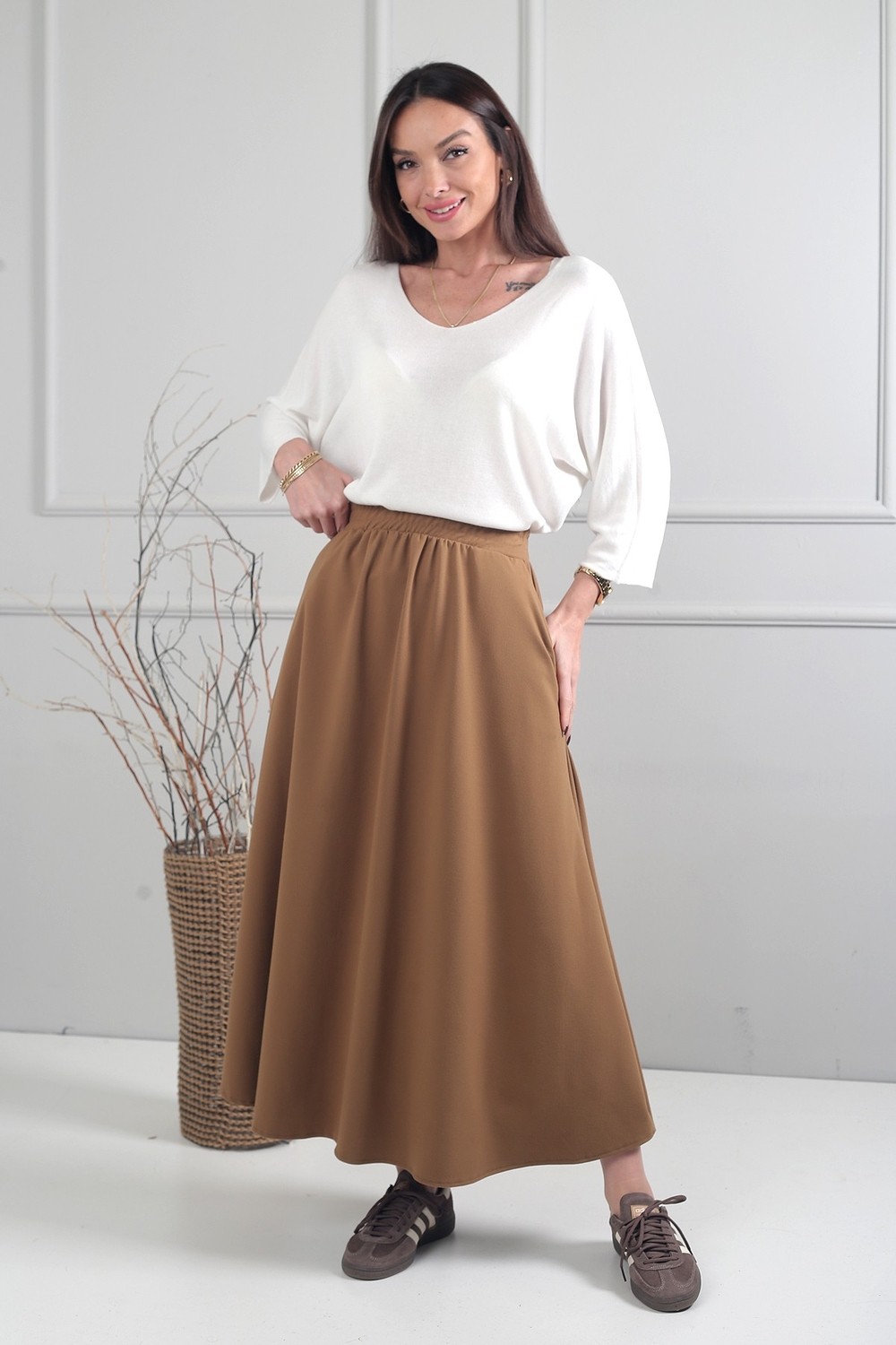 By Saygı Kadın Beli Lastikli Cepli A Kesim Midi Etek görsel 2
