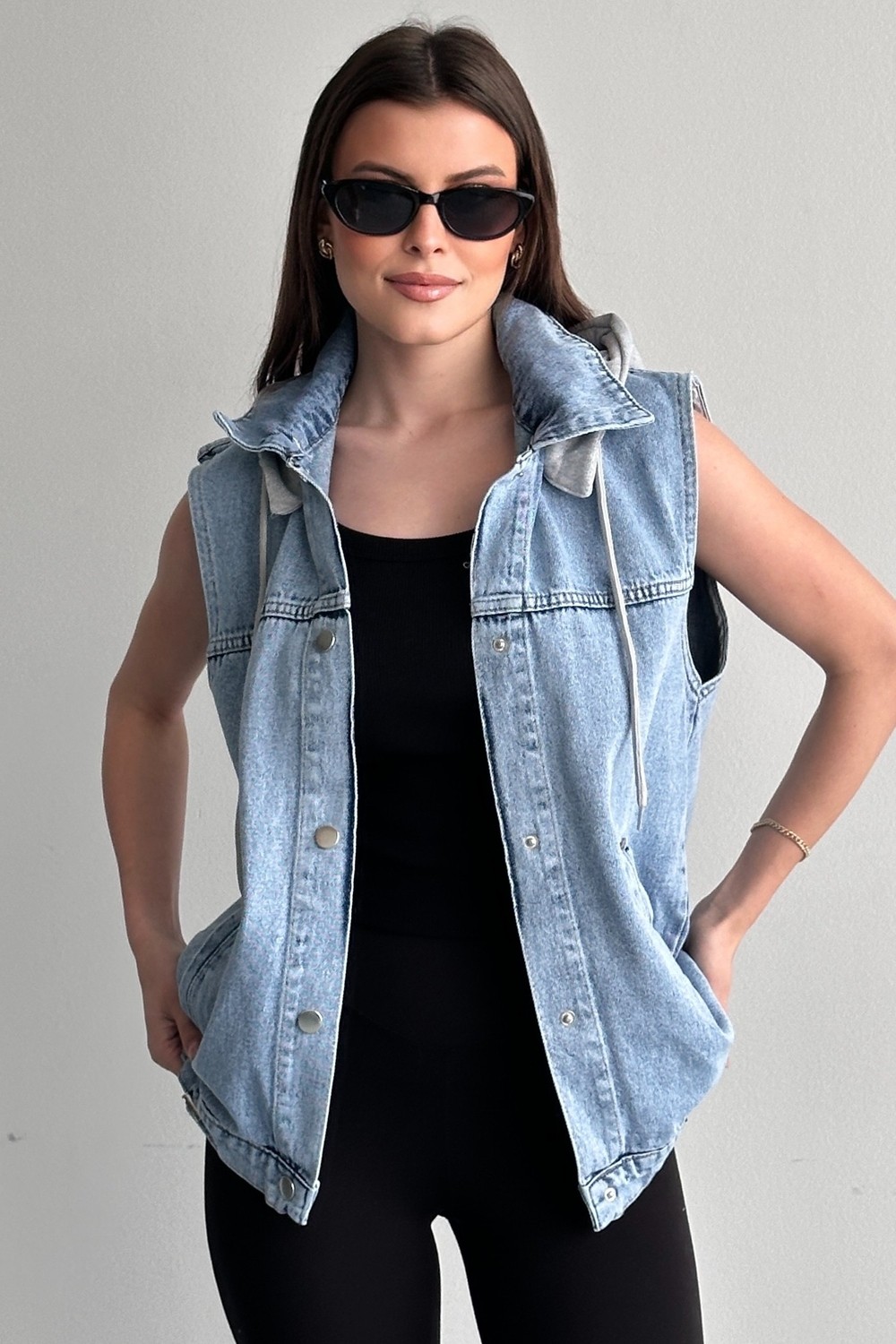Moda Armanc Kadın Kapüşonlu Jean Yelek Oversize Denim Günlük Basic Kot Yelek