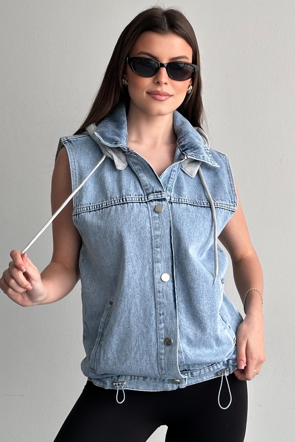 Moda Armanc Kadın Kapüşonlu Jean Yelek Oversize Denim Günlük Basic Kot Yelek görsel 2