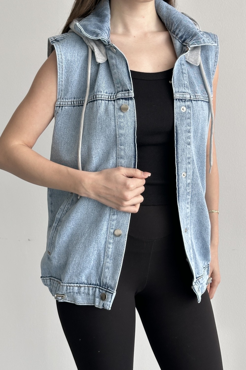 Moda Armanc Kadın Kapüşonlu Jean Yelek Oversize Denim Günlük Basic Kot Yelek görsel 3