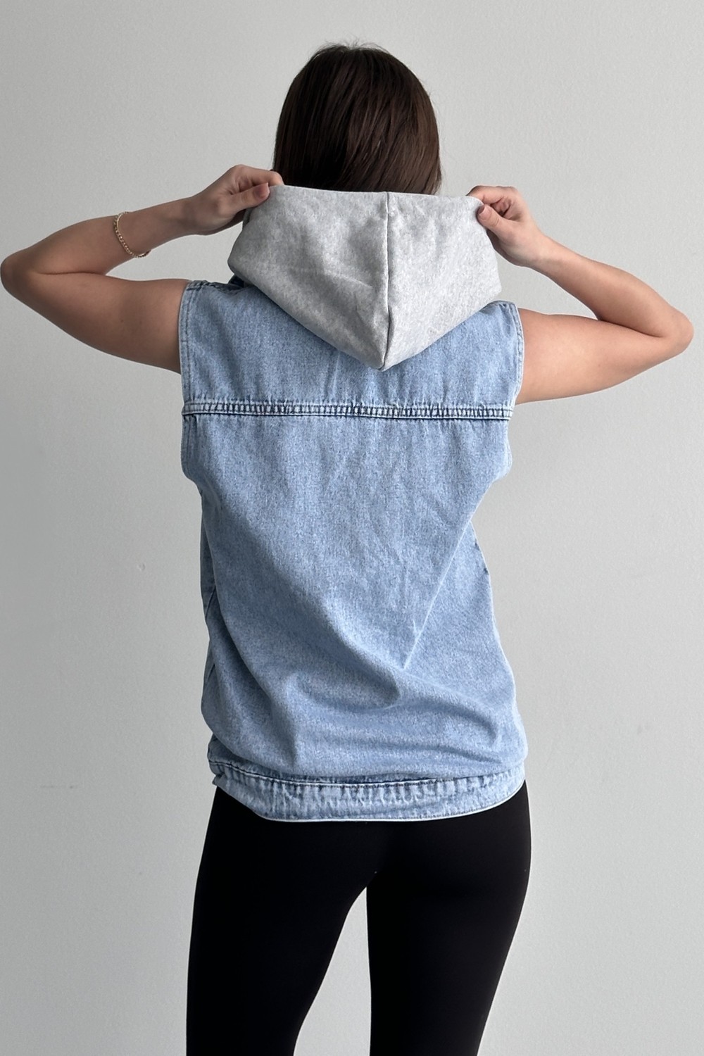 Moda Armanc Kadın Kapüşonlu Jean Yelek Oversize Denim Günlük Basic Kot Yelek görsel 4