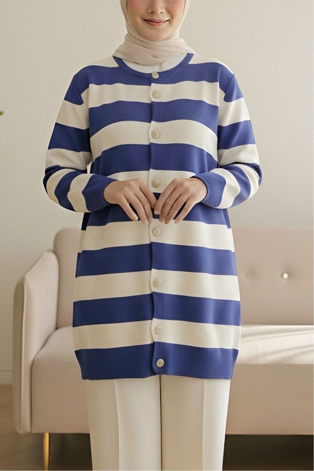 Moda Morfo Ringelli Metal Dügme Çelik Örgü Salaş Hırka -Saks