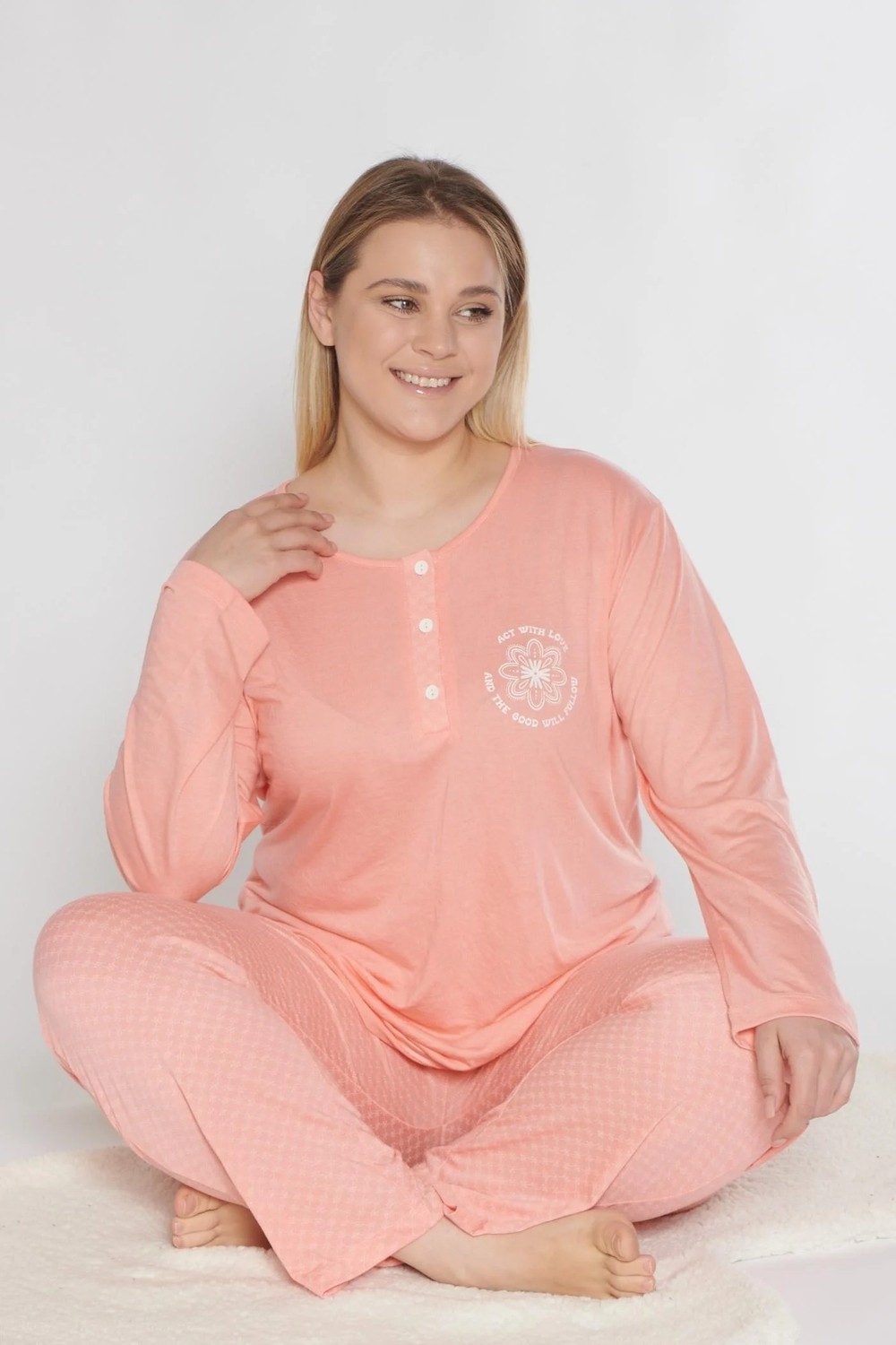 Büyük Beden Battal Uzun Kol Mevsimlik Pijama Takımı Viskon Alperi B790-38 görsel 2