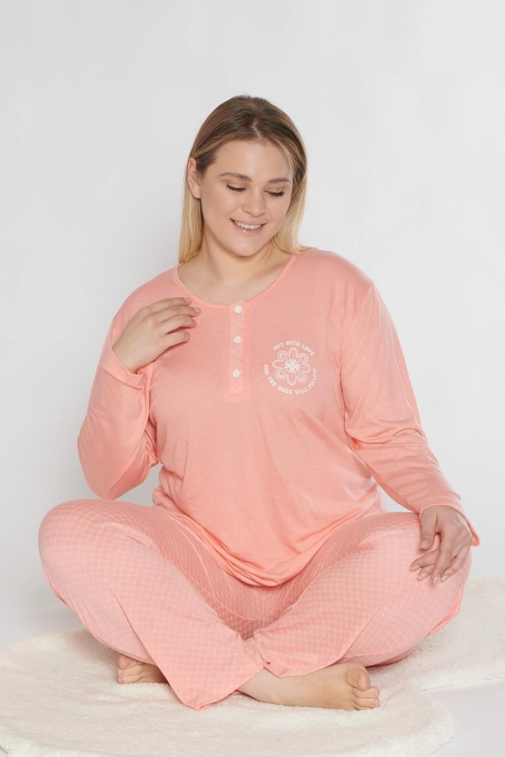 Büyük Beden Battal Uzun Kol Mevsimlik Pijama Takımı Viskon Alperi B790-38 görsel 3