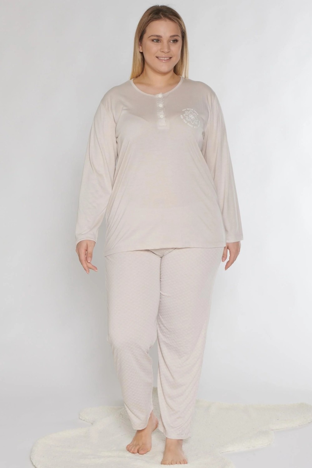 Büyük Beden Battal Uzun Kol Mevsimlik Pijama Takımı Viskon Alperi B790-38 görsel 5