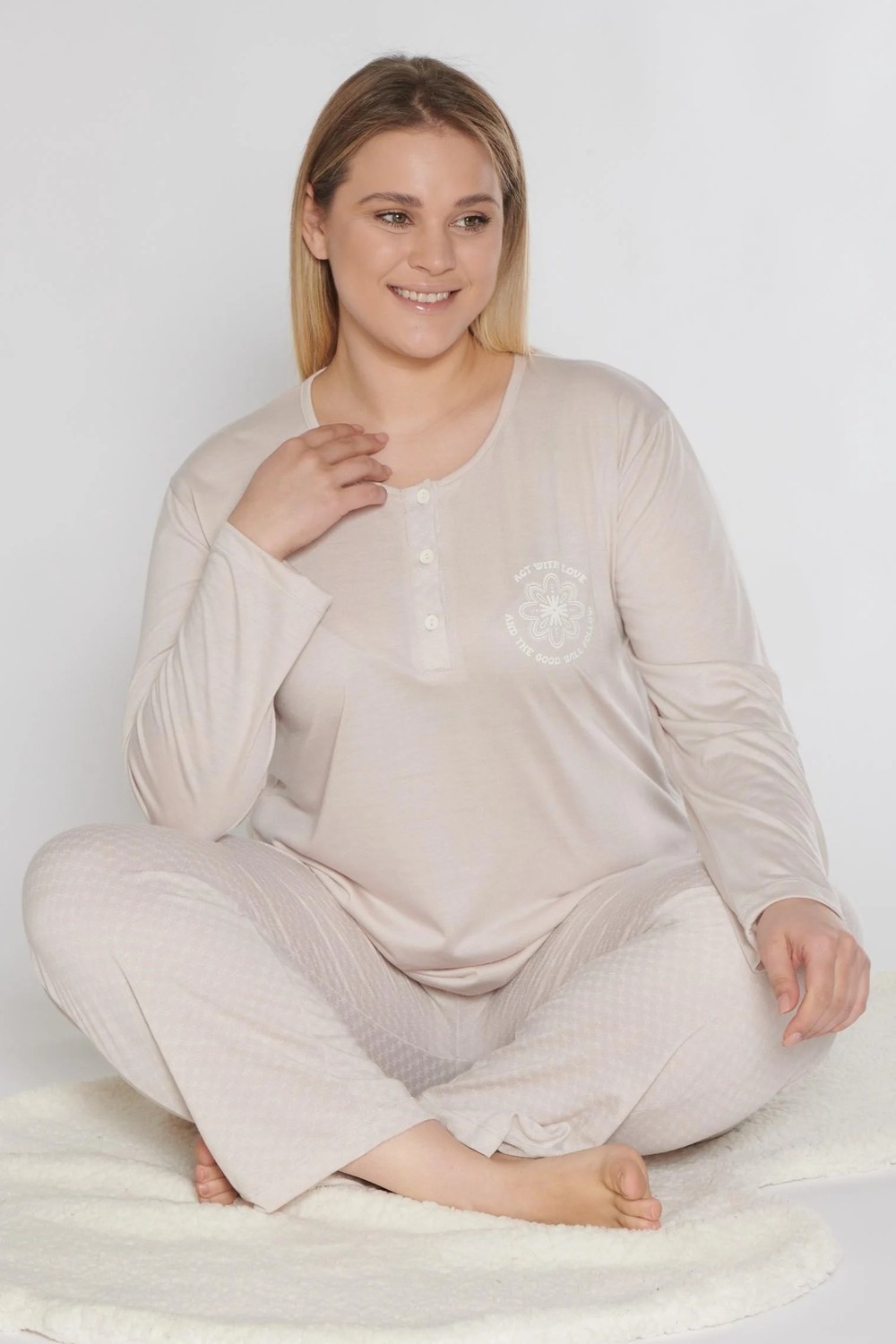 Büyük Beden Battal Uzun Kol Mevsimlik Pijama Takımı Viskon Alperi B790-38 görsel 6