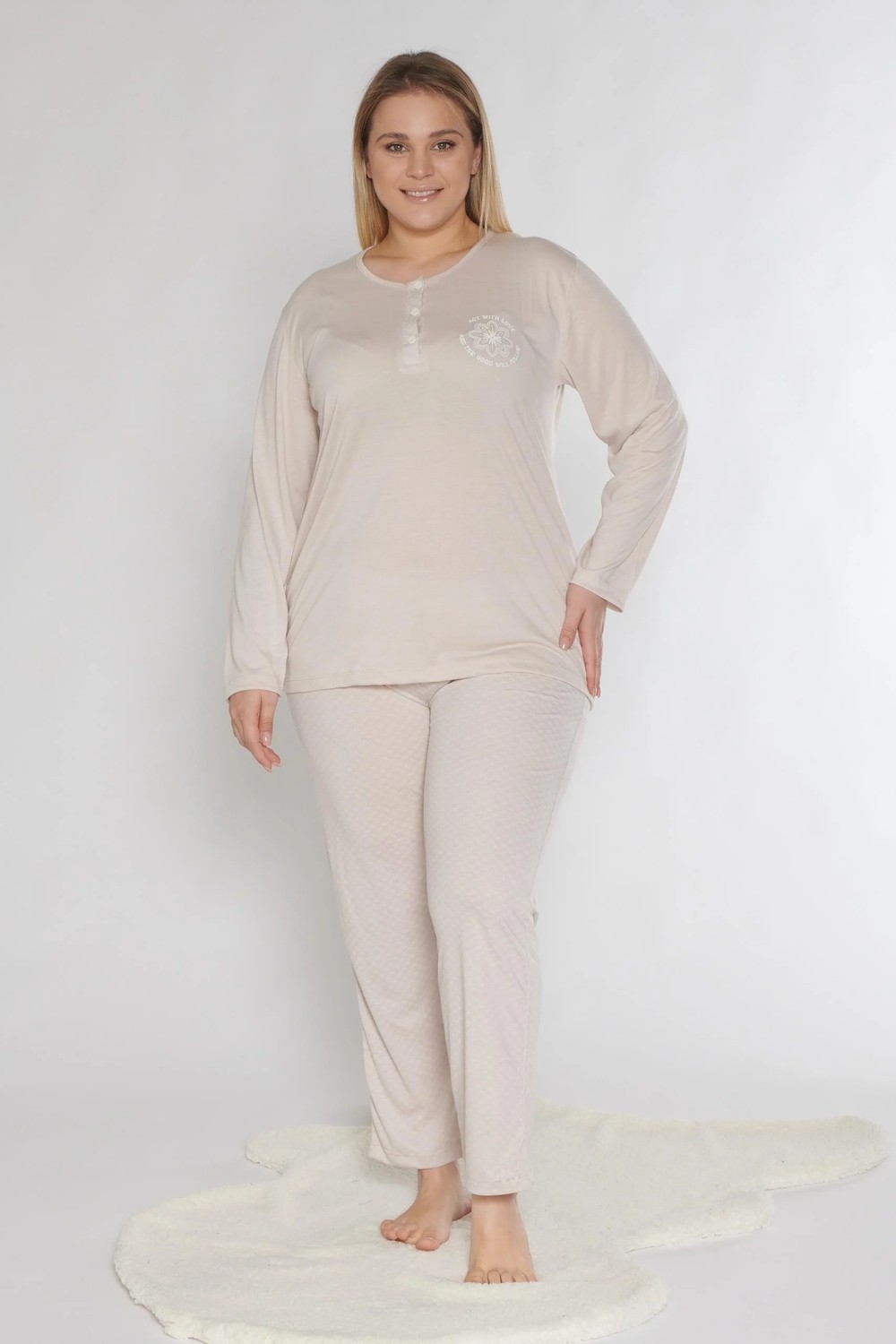 Büyük Beden Battal Uzun Kol Mevsimlik Pijama Takımı Viskon Alperi B790-38 görsel 7