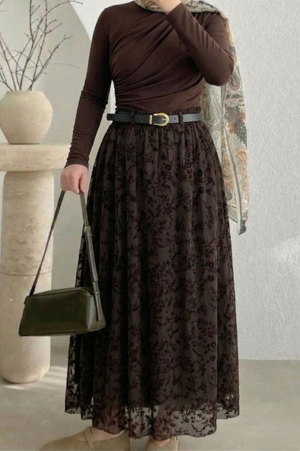 Modestim Kadın Kahverengi Çicek Desenli Flok Baskı Tül Tesettür Etek görsel 2