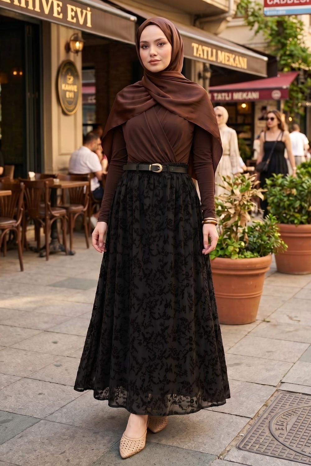 Modestim Kadın Kahverengi Çicek Desenli Flok Baskı Tül Tesettür Etek görsel 4