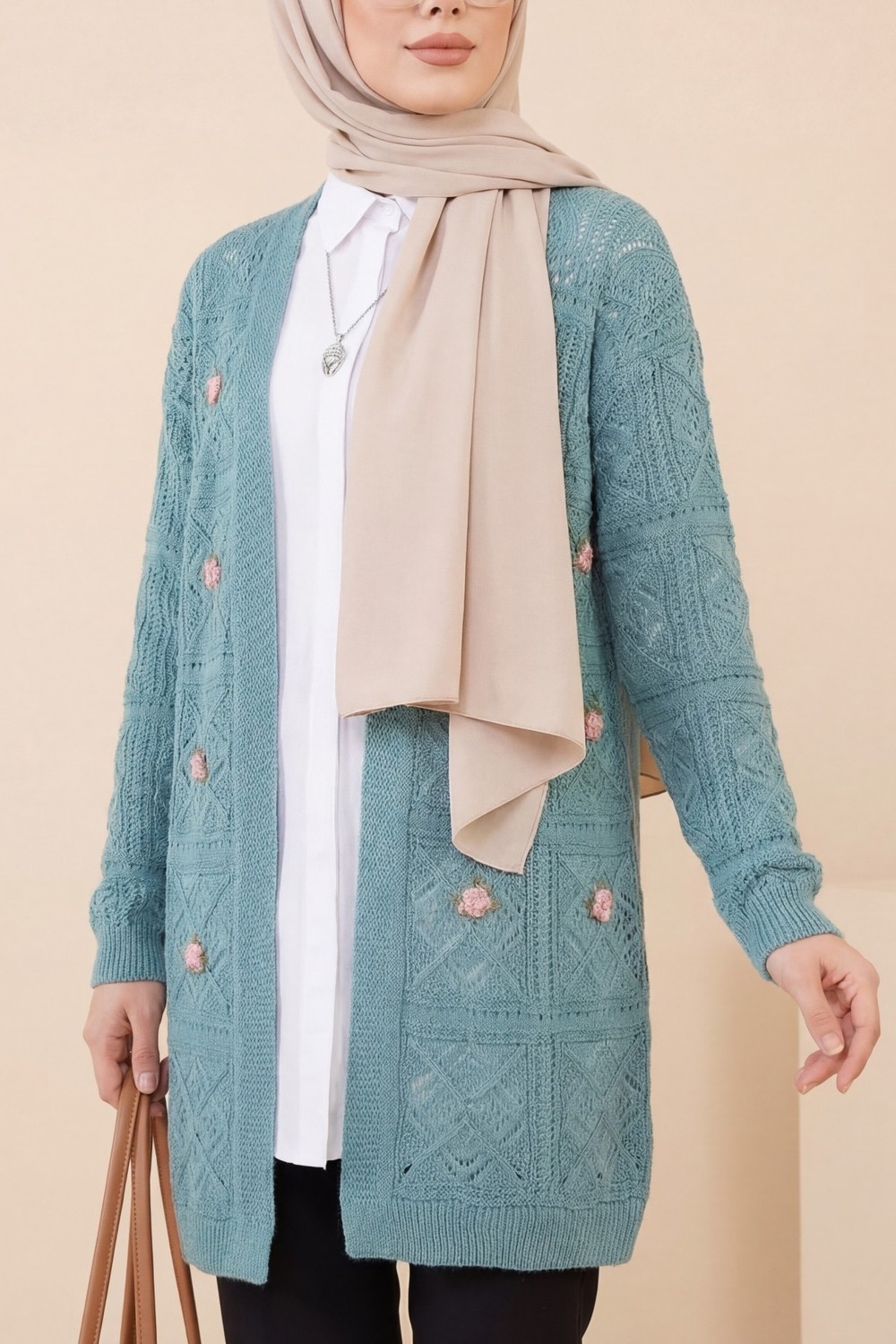 Moda Morfo Ajurlu Nakışlı Hırka -Taş görsel 7