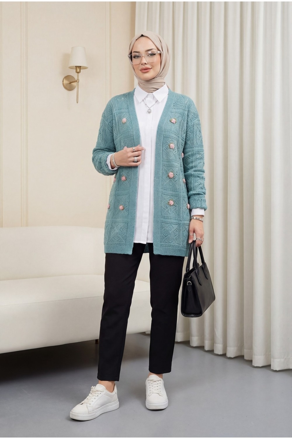 Moda Morfo Ajurlu Nakışlı Hırka -Taş görsel 8