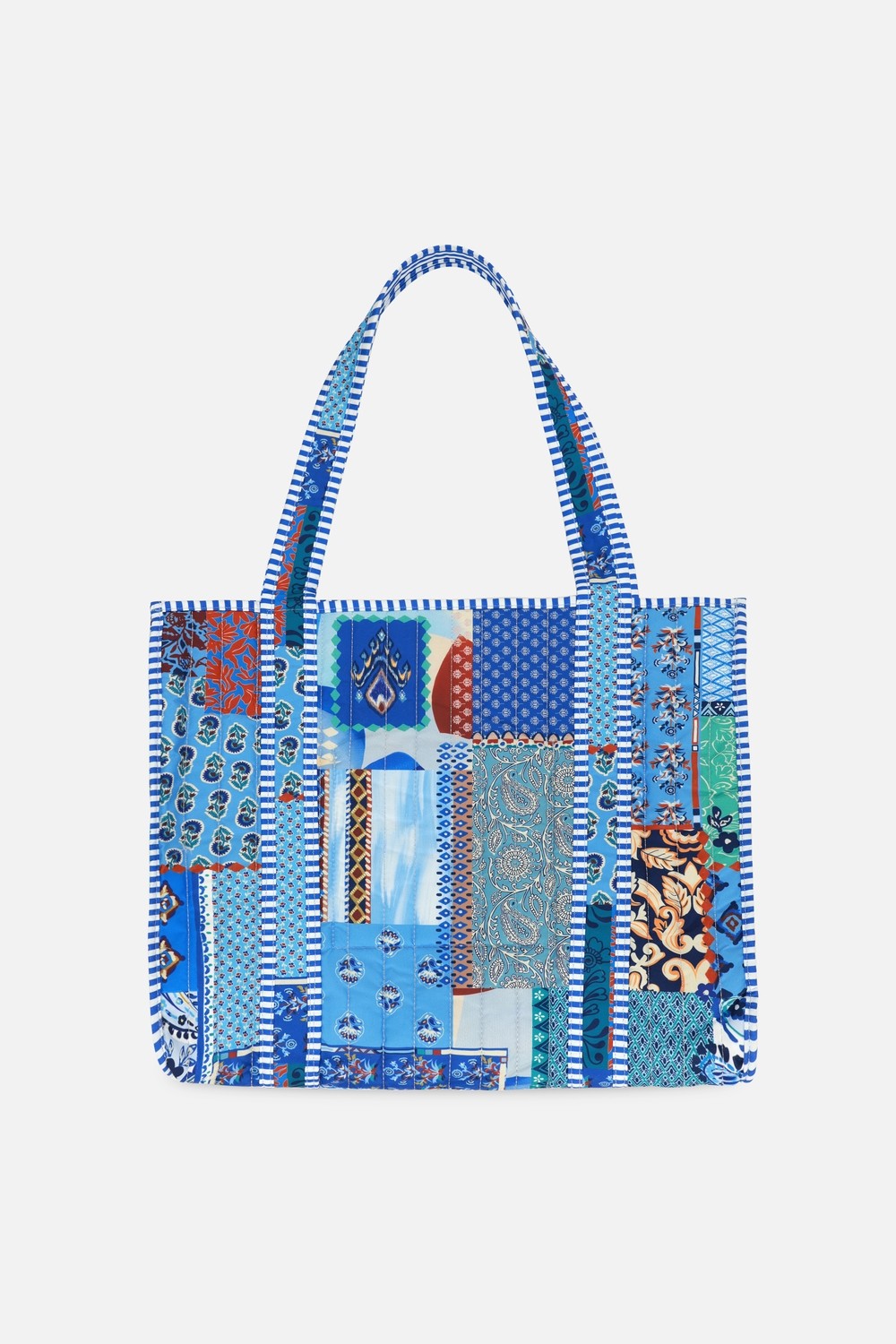 İcone Bag Patch Yama Desen Baskılı Kapitoneli Plaj Çantası, Içi Çizgili Baskılı Shopper Çanta, Pembe Plaj Çantası