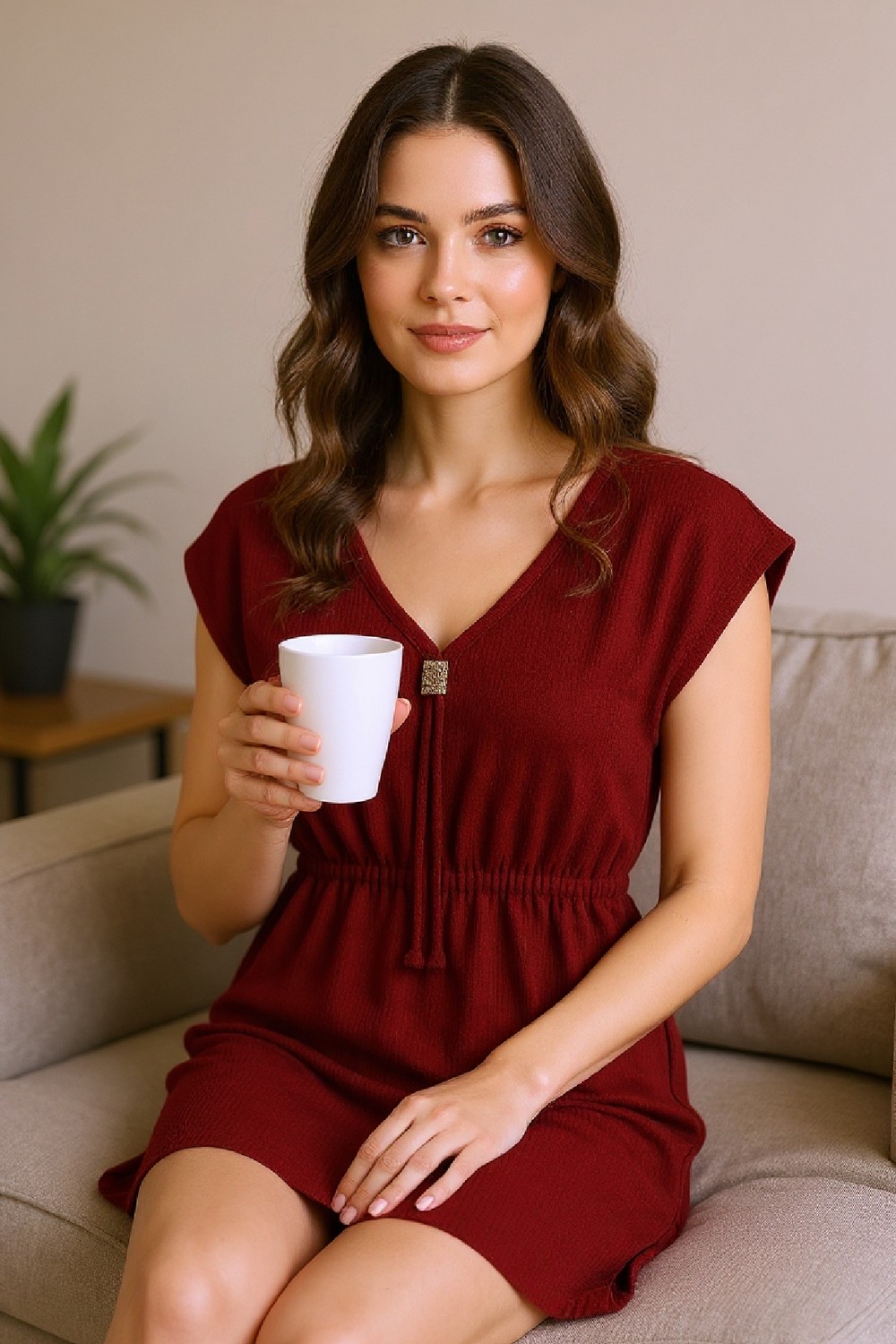 Cm Store Kadın Bordo Yanları Yırtmaçlı Tokalı V Yaka Mini Plaj Elbisesi görsel 8