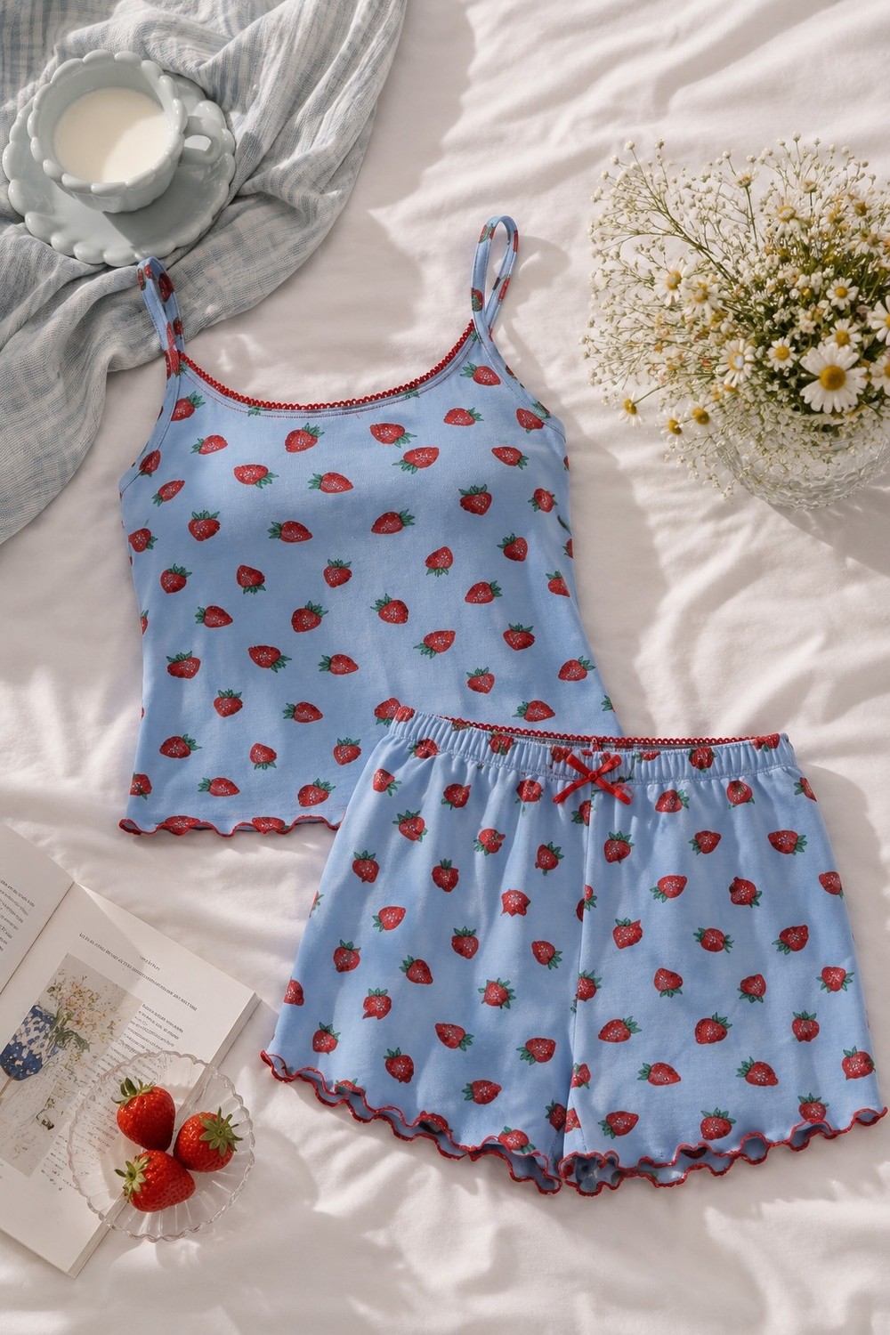 Koza İç Giyim Kadın Ip Askılı Çilek Desenli Pamuklu Şortlu Pijama Takımı