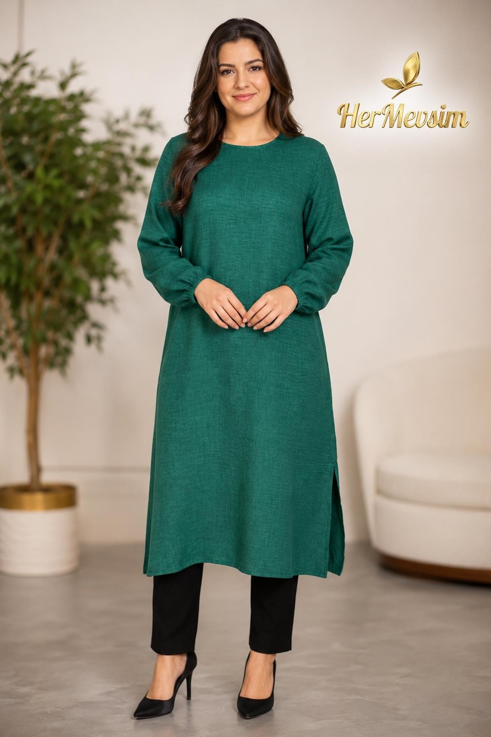 Hermevsim Missbah Kadın Efnan Keten Basic 115CM Yanı Yırtmaçlı Uzun Yeşil Tunik