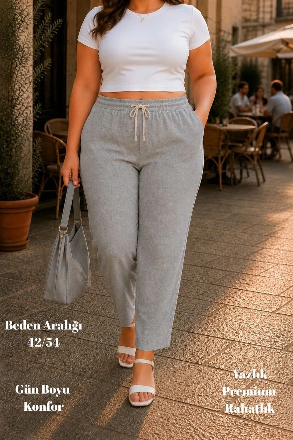 Cedy Denim Kadın Büyük Beden Sentetik Keten Yüksek Bel Lastikli Dar Paça Mom Pantolon C611