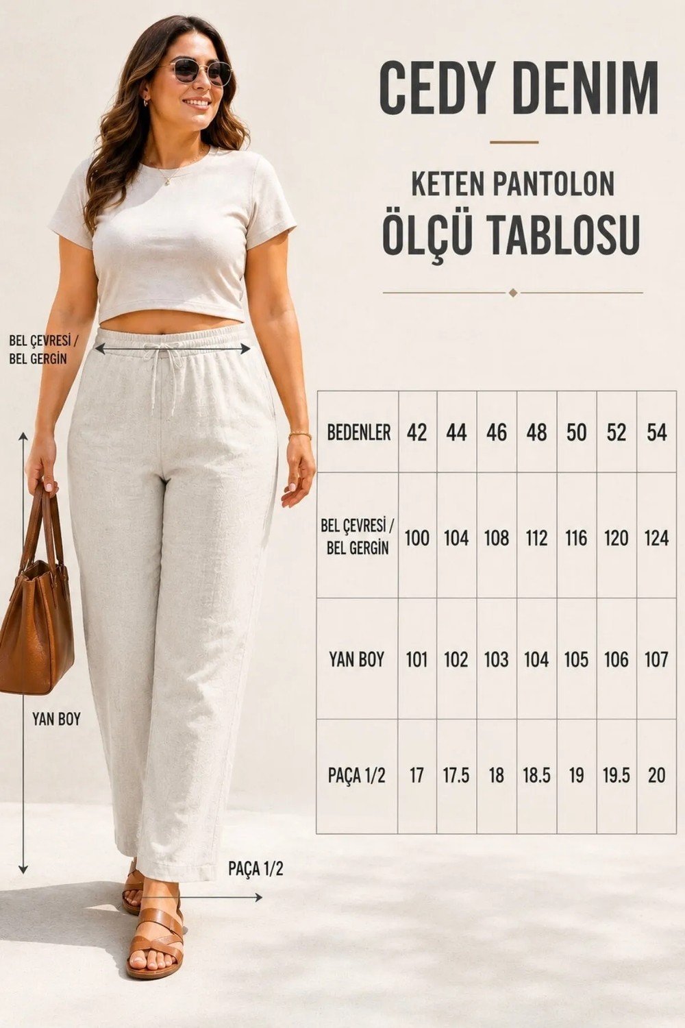 Cedy Denim Kadın Büyük Beden Sentetik Keten Yüksek Bel Lastikli Dar Paça Mom Pantolon C611 görsel 2