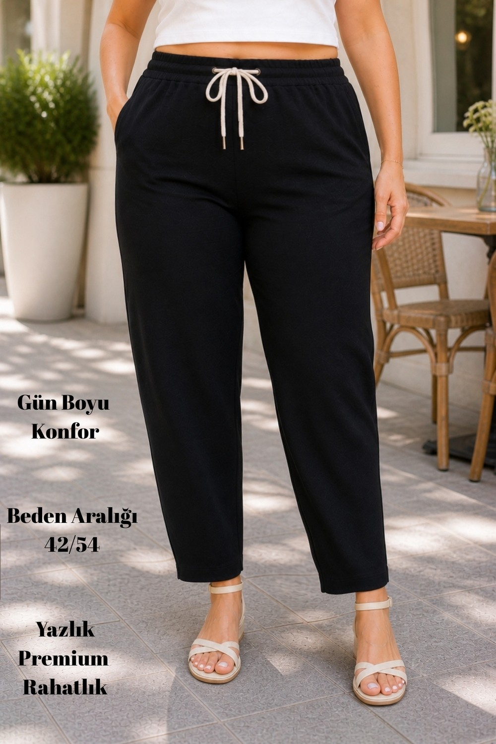 Cedy Denim Kadın Büyük Beden Sentetik Keten Yüksek Bel Lastikli Dar Paça Mom Pantolon C611