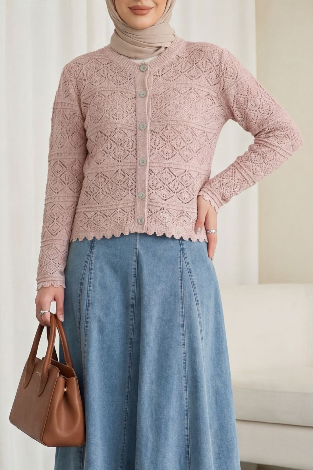 Moda Morfo Düğmeli Desenli Ajurlu Triko Hırka -Siyah