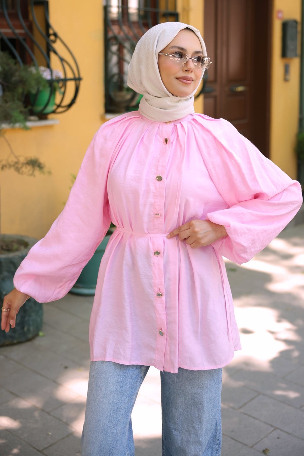 İmaj Butik Bej Yaka Pileli Bel Bağlamalı Gömlek