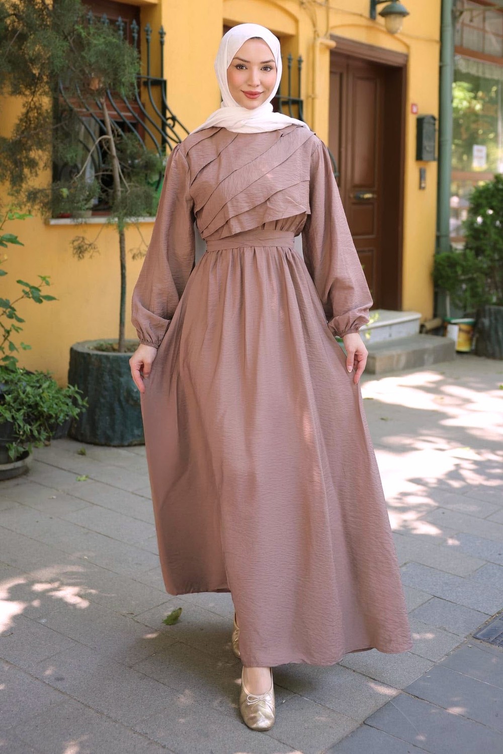 İmaj Butik Olive Fırfır Katlı Bel Lastikli Elbise