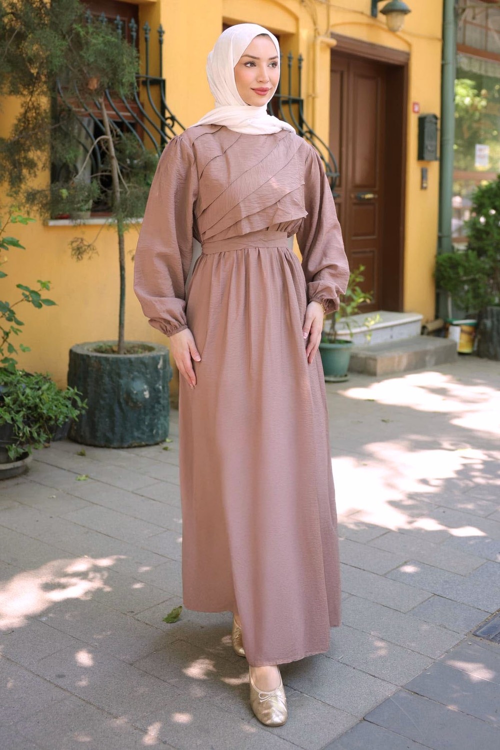İmaj Butik Olive Fırfır Katlı Bel Lastikli Elbise görsel 2