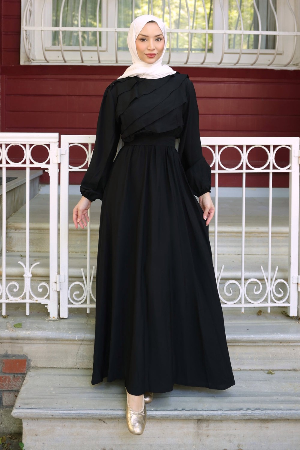 İmaj Butik Olive Fırfır Katlı Bel Lastikli Elbise görsel 5
